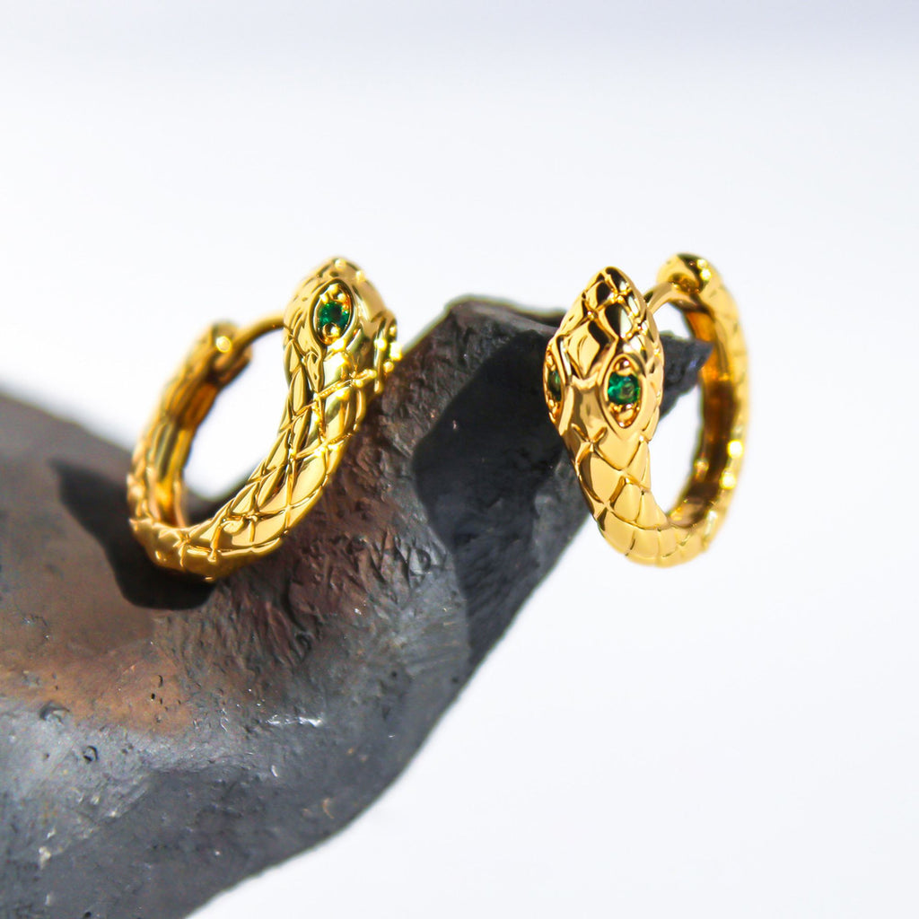 Snake-Shaped Hoop Earrings with Green Gem Eyes