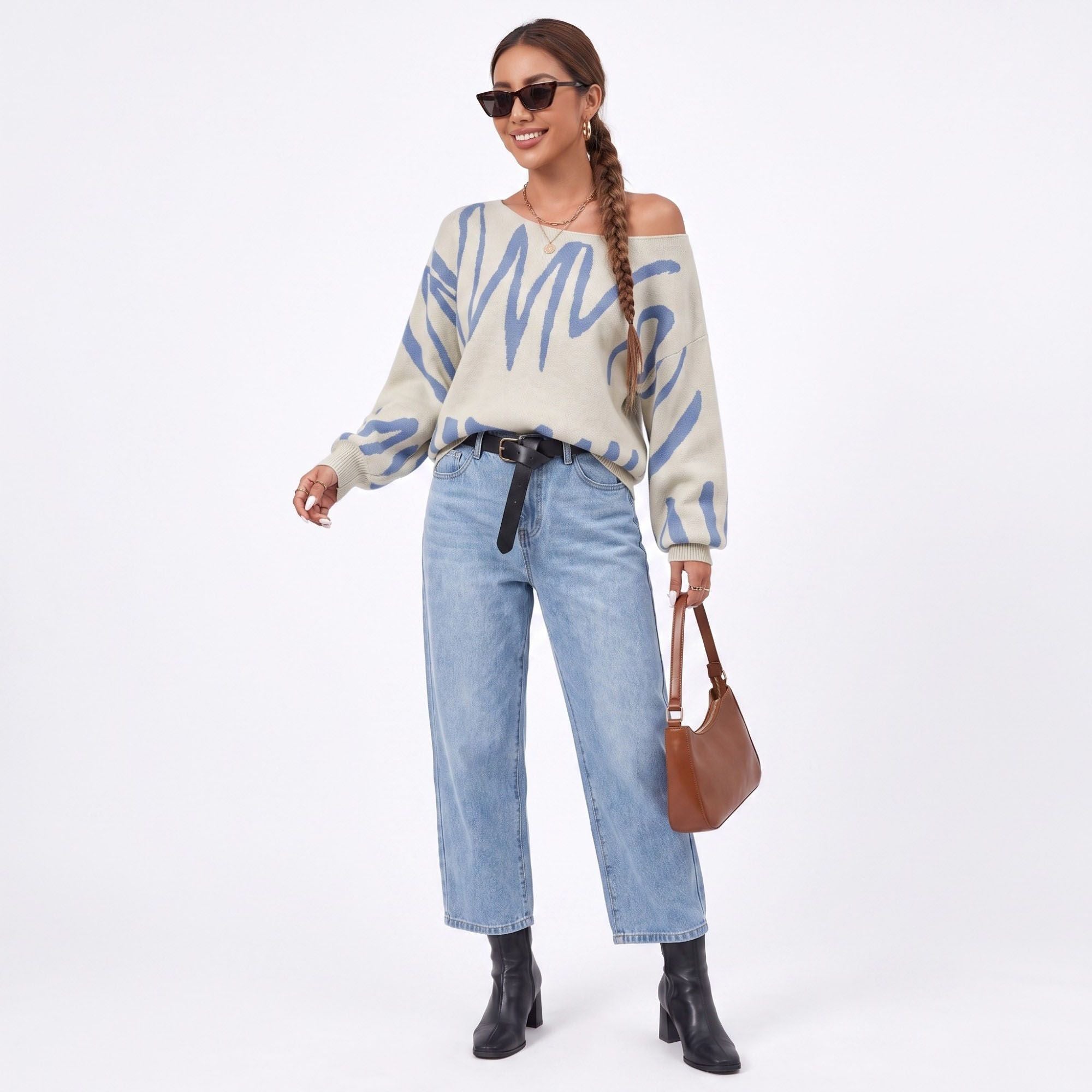 Abstract Graphic Print Long Sleeve Knit Sweater