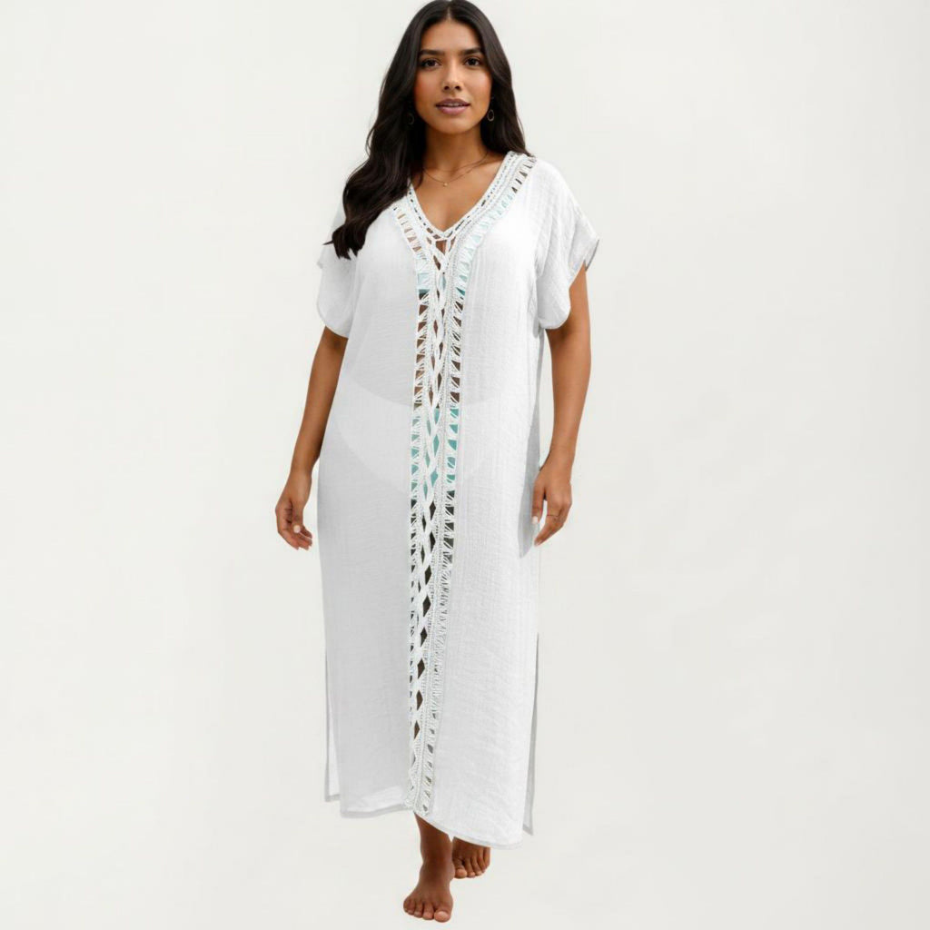 Anna-Kaci Women's Maxi Swim Cover Up Dress with Crochet Trim V Neck Short Sleeves Relaxed Lightweight Fit