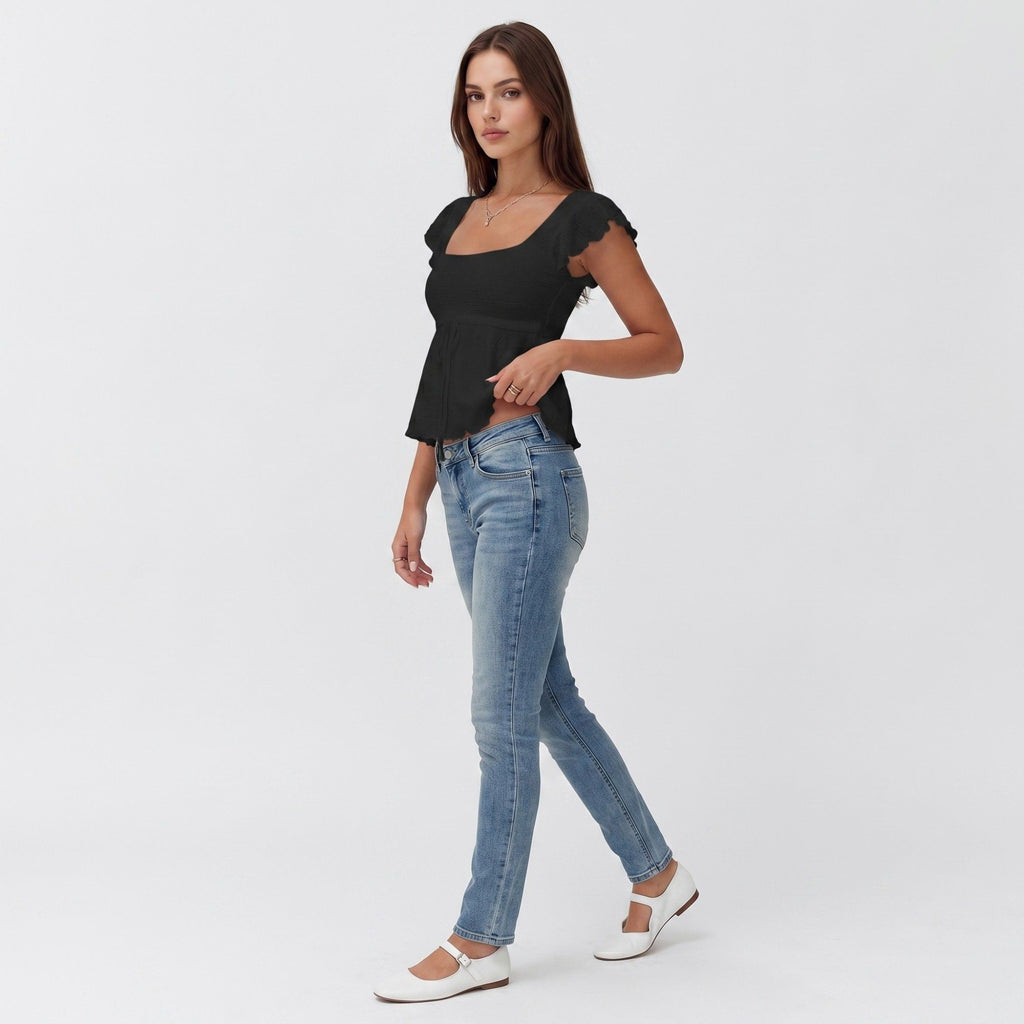 Anna-Kaci Women's Square Neck Peplum Top with Ruffle Sleeves and Front Tie Detail