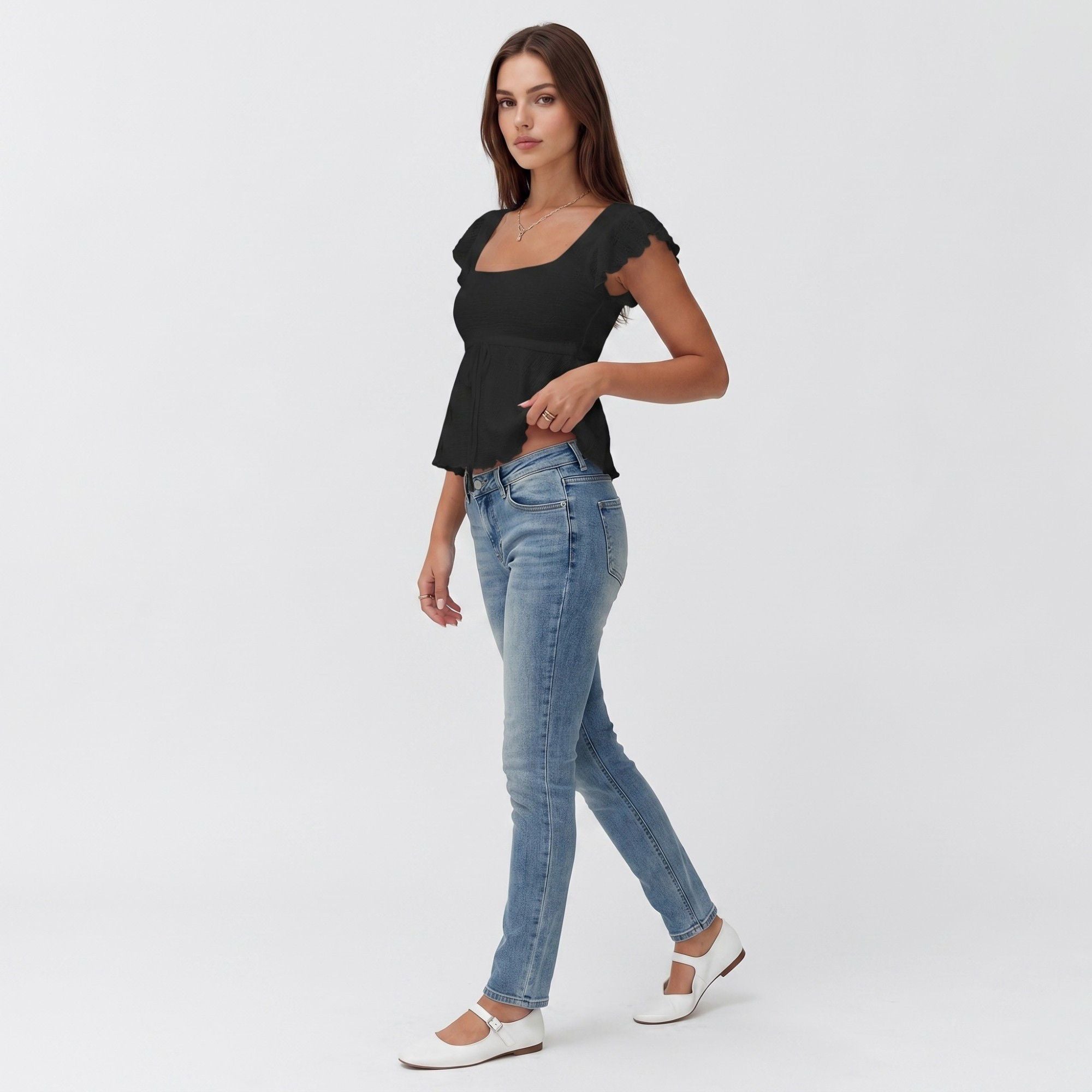 Anna-Kaci Women's Square Neck Peplum Top with Ruffle Sleeves and Front Tie Detail