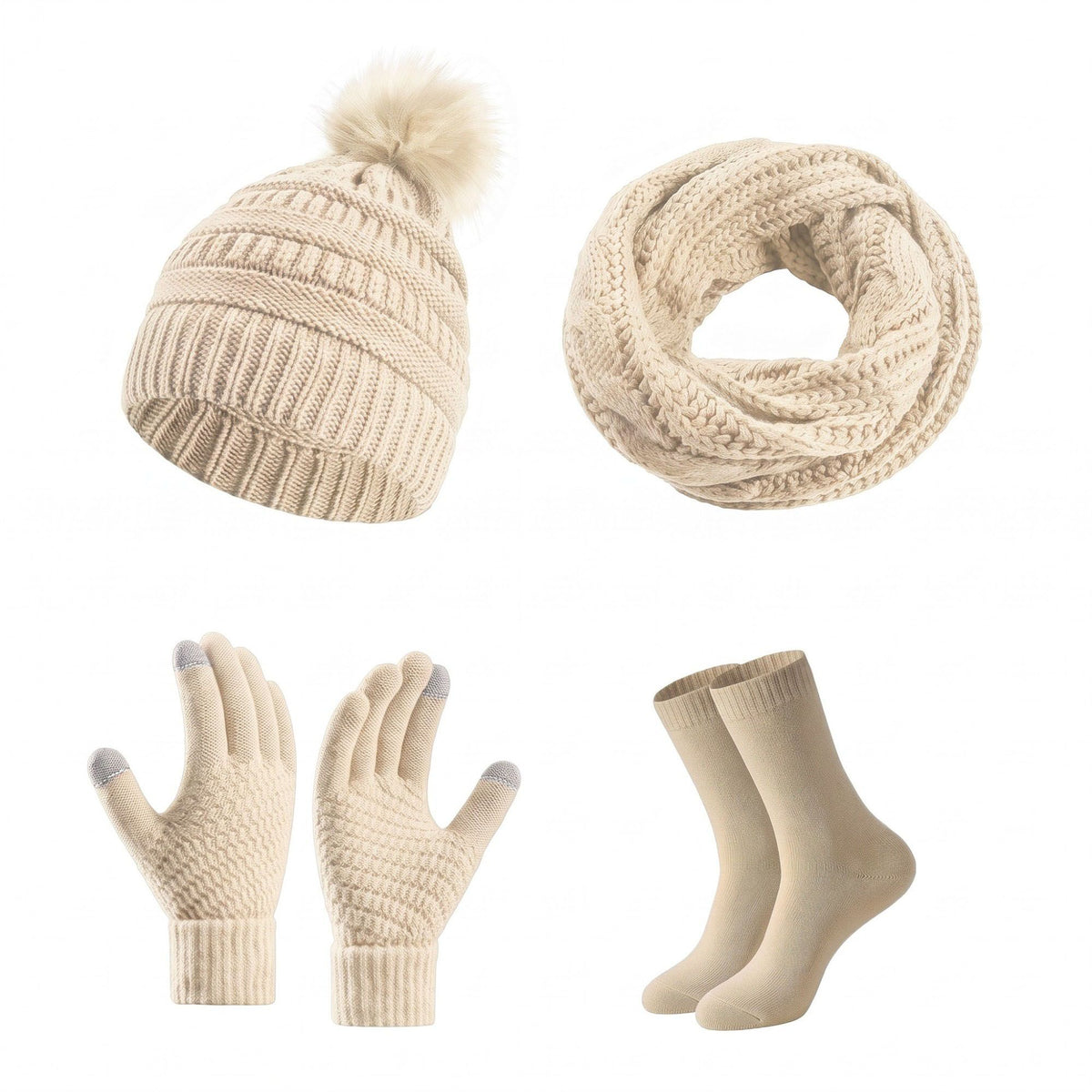 4 Piece Knit Winter Hat Scarf Touchscreen Gloves and Socks Set