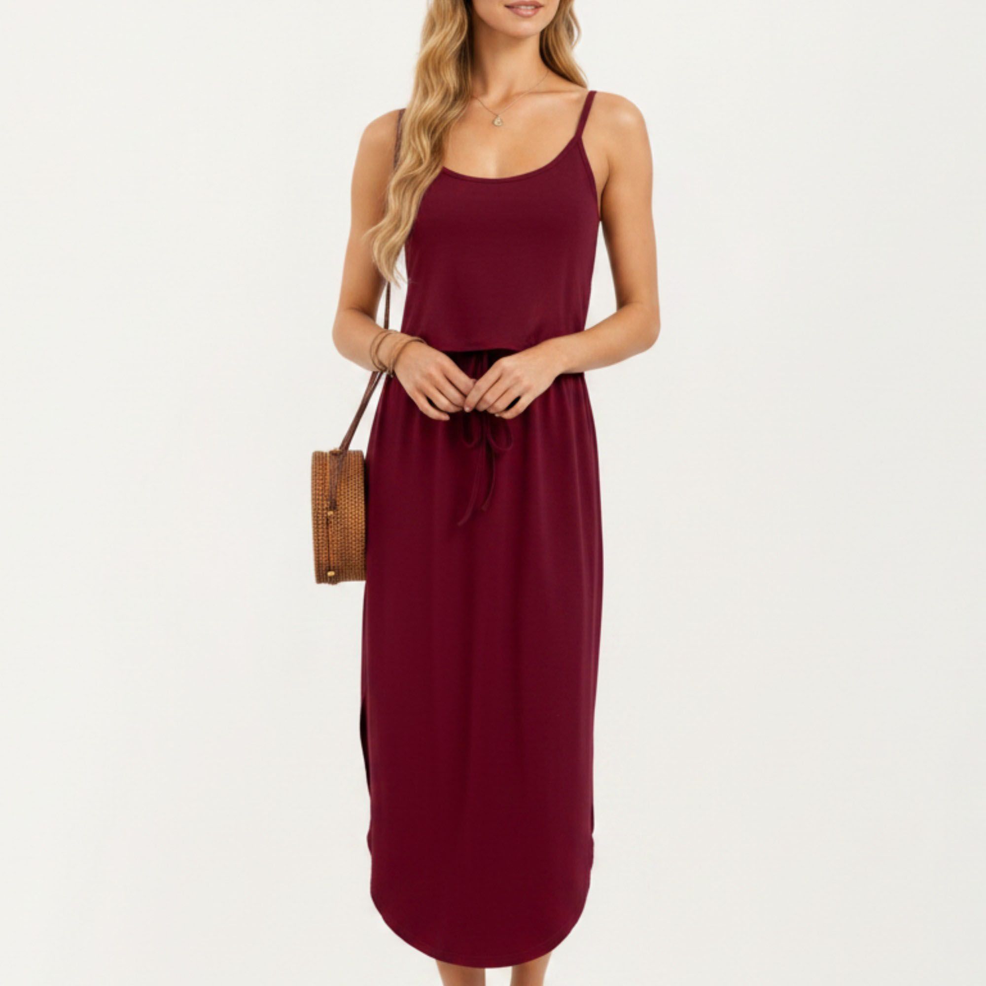 Anna-Kaci Women's Sleeveless Midi Dress with Spaghetti Straps and Adjustable Drawstring Waist Relaxed Fit Silhouette