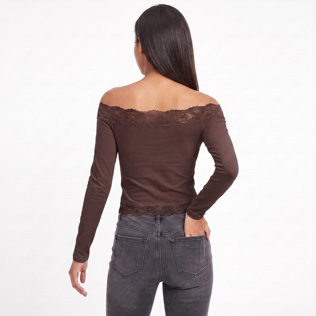 Off-the-Shoulder Lace Trim Long Sleeve Crop Top