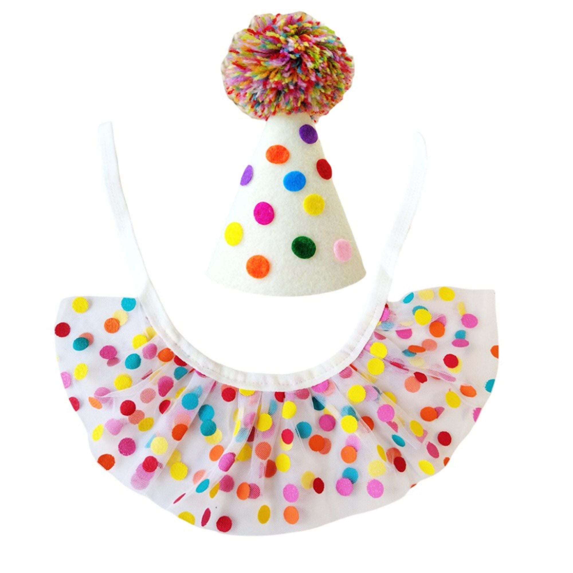 Pet Birthday Hat and Polka Dot Tulle Collar Set Colorful Party Costume Accessory