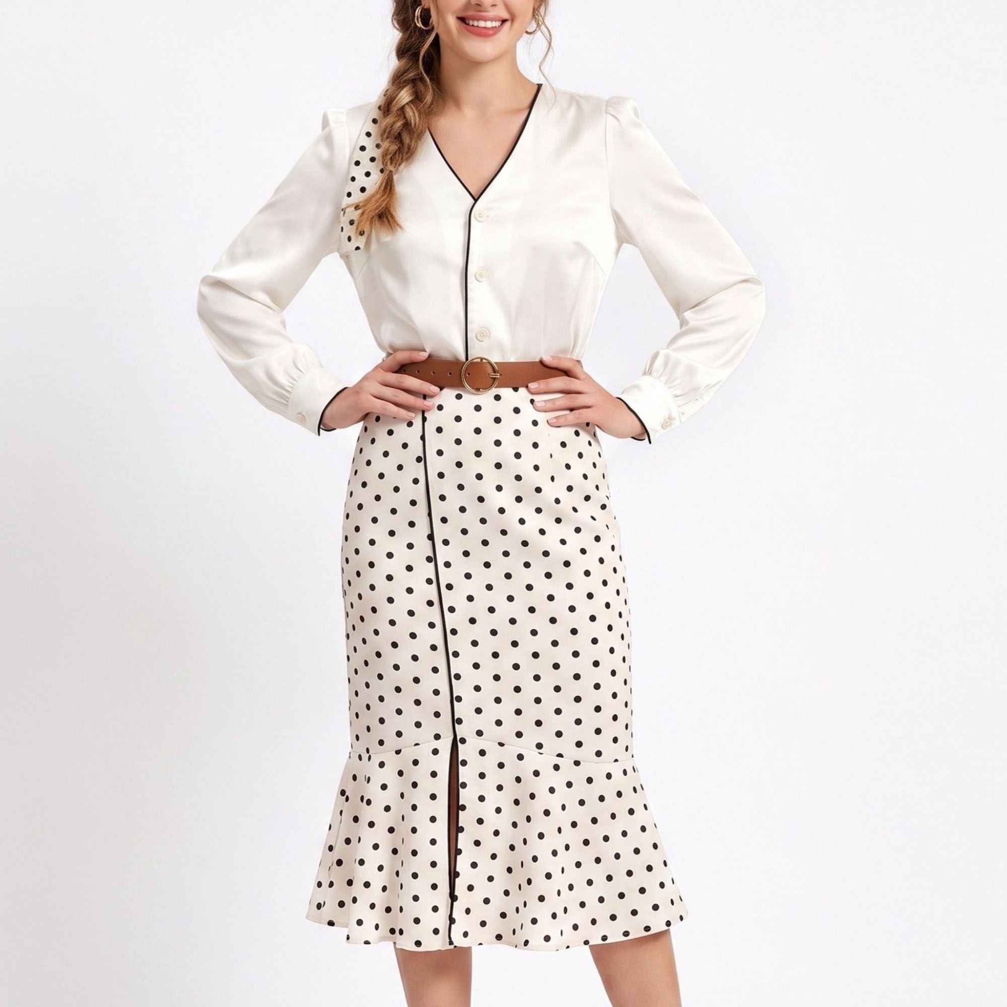 Polka Dot 2-Piece Set Button Front Blouse and Ruffle Hem Midi Skirt