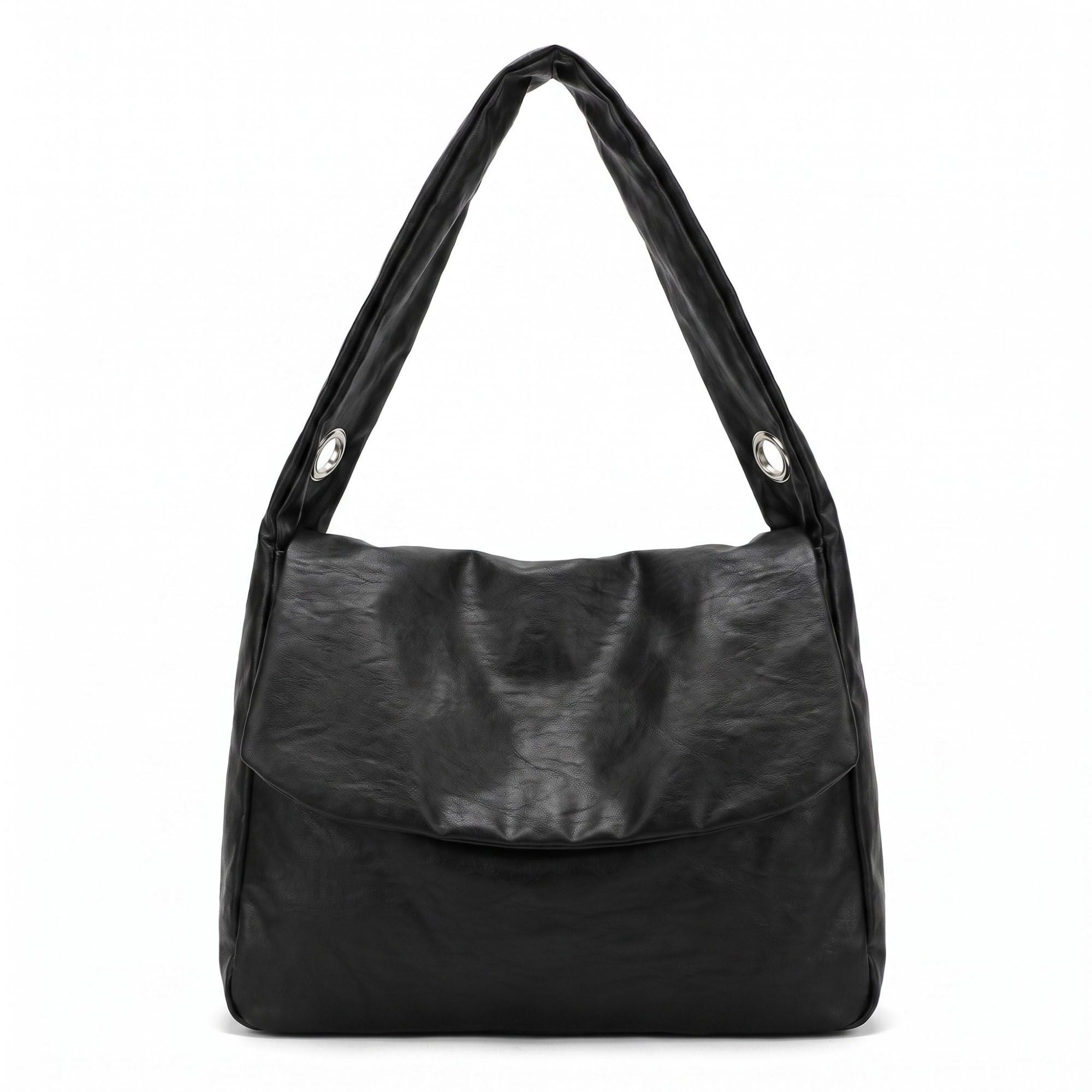 Flap Hobo Bag with Grommet Strap and Wide Shoulder Handle 11.8x9.5x4in