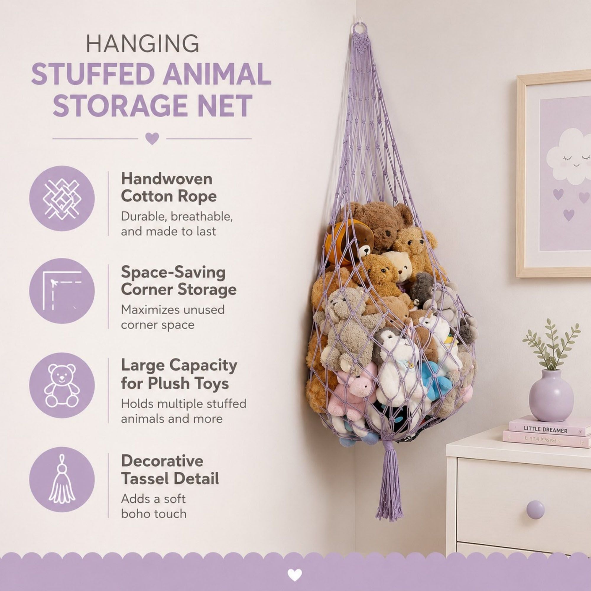 Macrame Hanging Stuffed Animal Storage Net Cotton Rope Corner Organizer