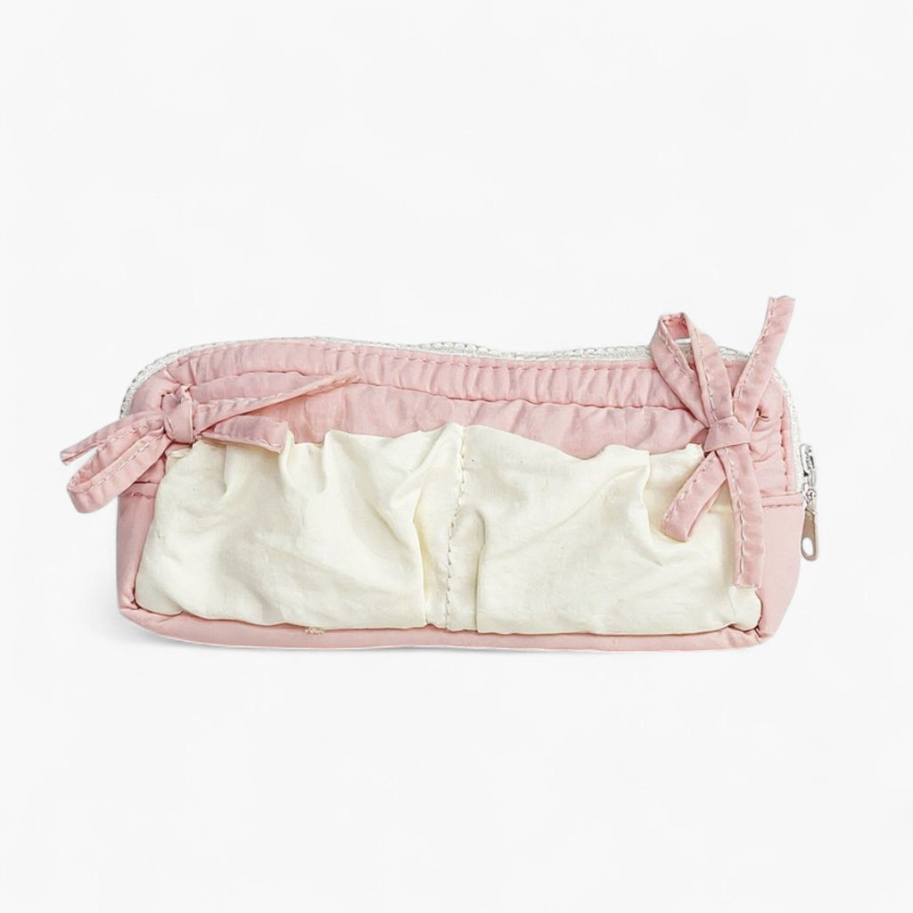 Ruffled Ribbon Zipper Pouch with Dual Compartments and Soft Quilted Texture