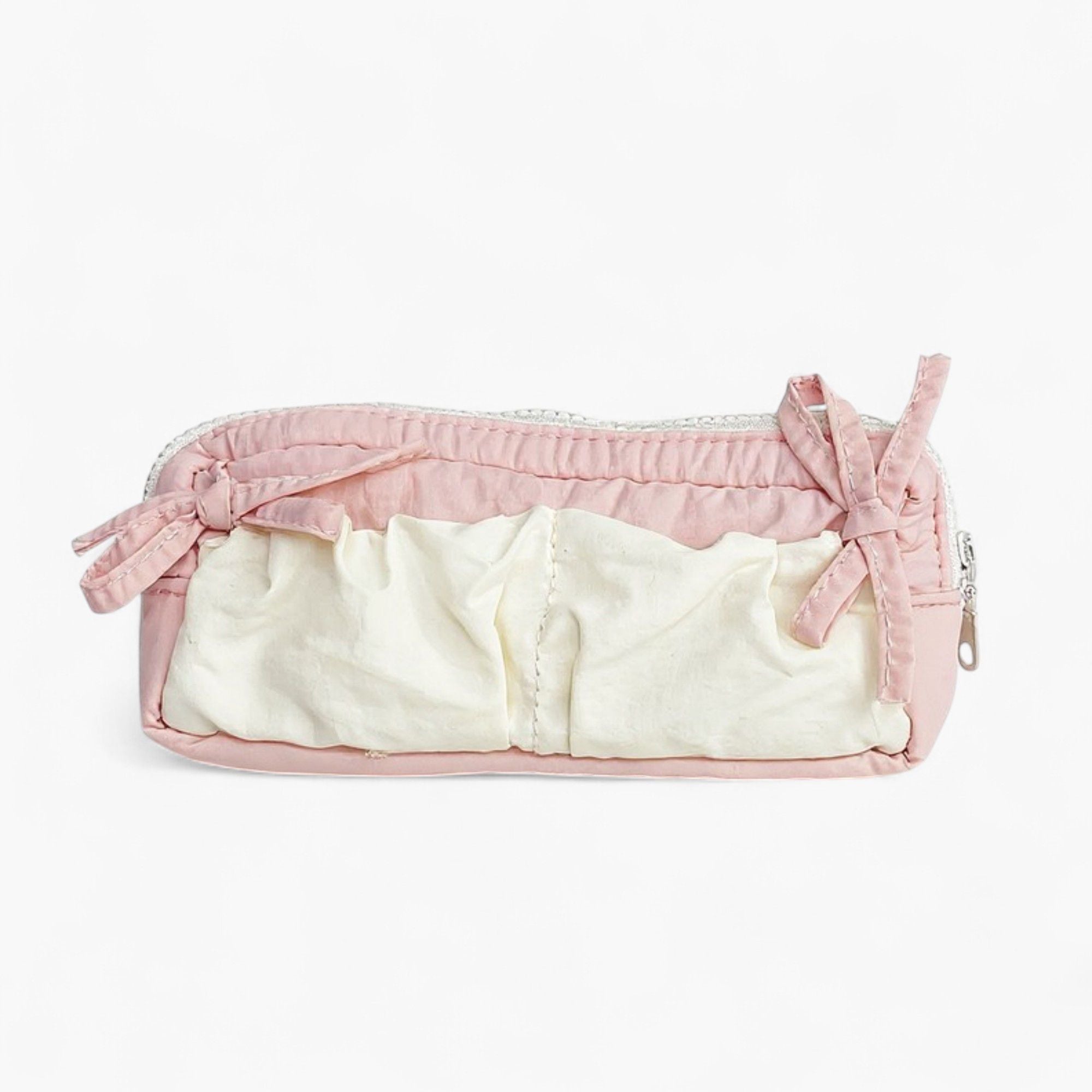 Ruffled Ribbon Zipper Pouch with Dual Compartments and Soft Quilted Texture