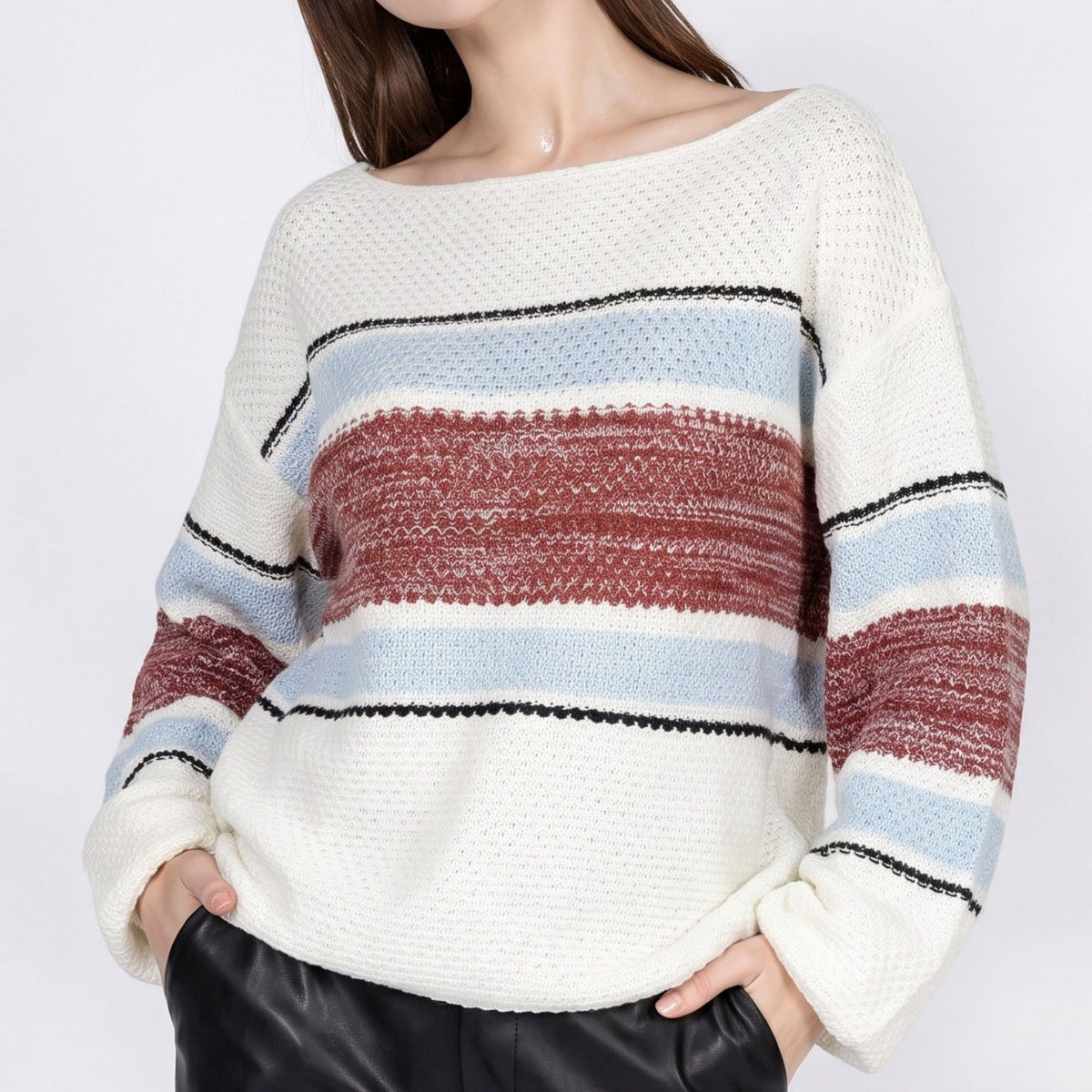 Striped Boat Neck Open Knit Pullover Sweater