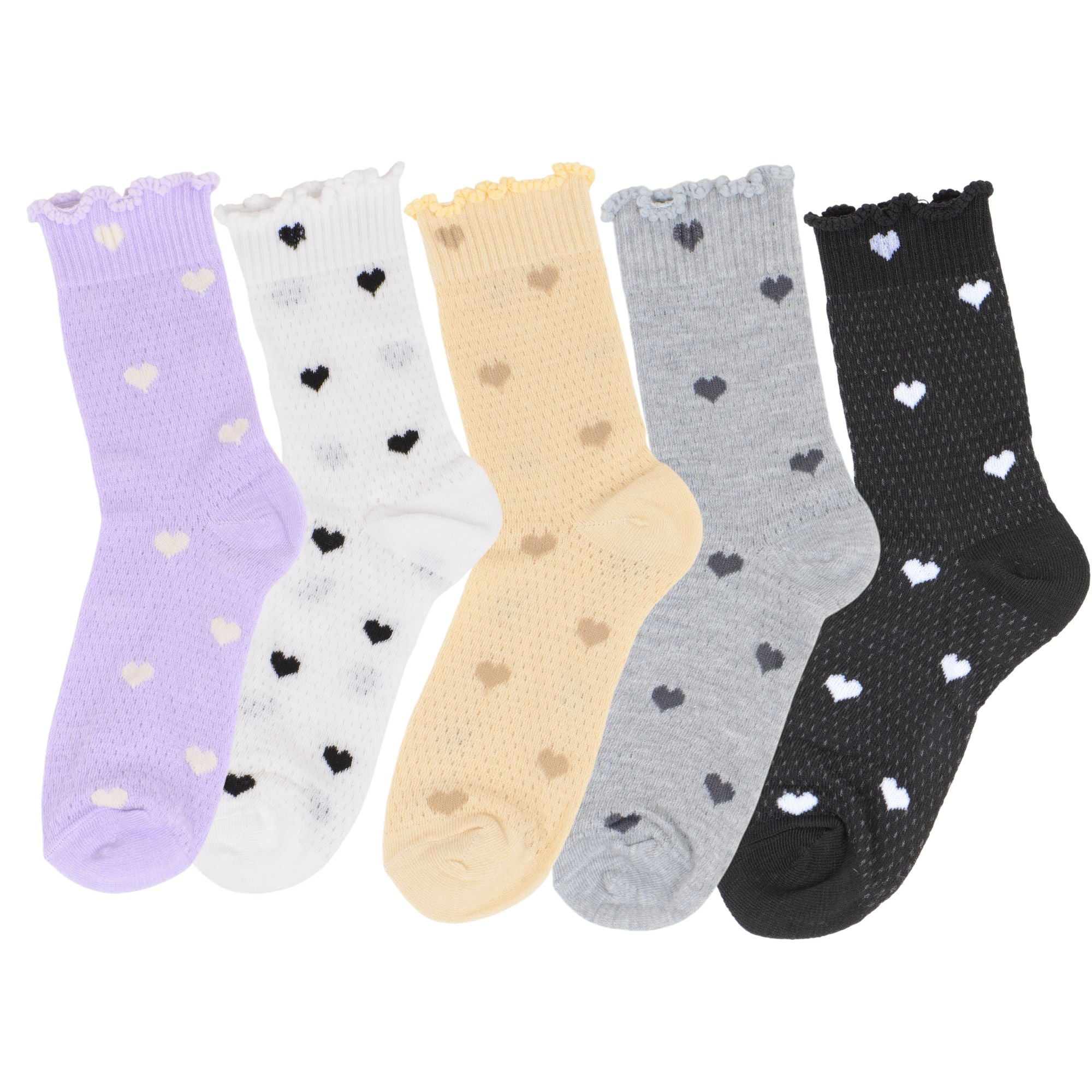 Anna-Kaci Women's 5-Pair Set Frilly Crew Socks with Valentine Heart Pattern and Ruffle Trim Breathable Knit Design for Flats or Loafers