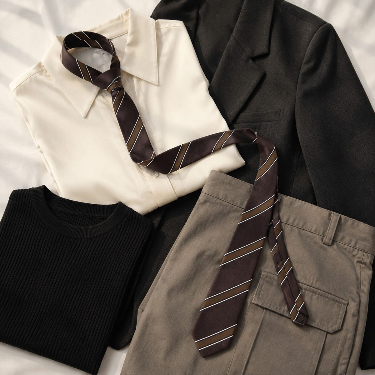 Striped Long Necktie for School Uniform and Waist Belt Styling