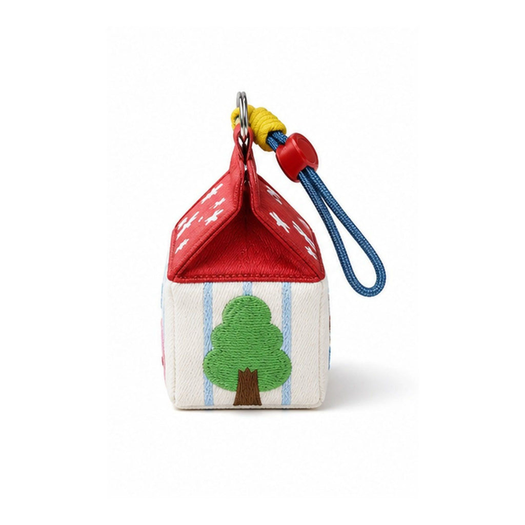 Embroidered House-Shaped Mini Pouch Keychain with Wrist Strap for Earbuds, Coins and Small Essentials