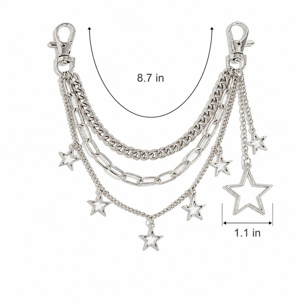 Star Chain Bag Charm with Layered Silver Tone Chains Clips and Hanging Star Pendants
