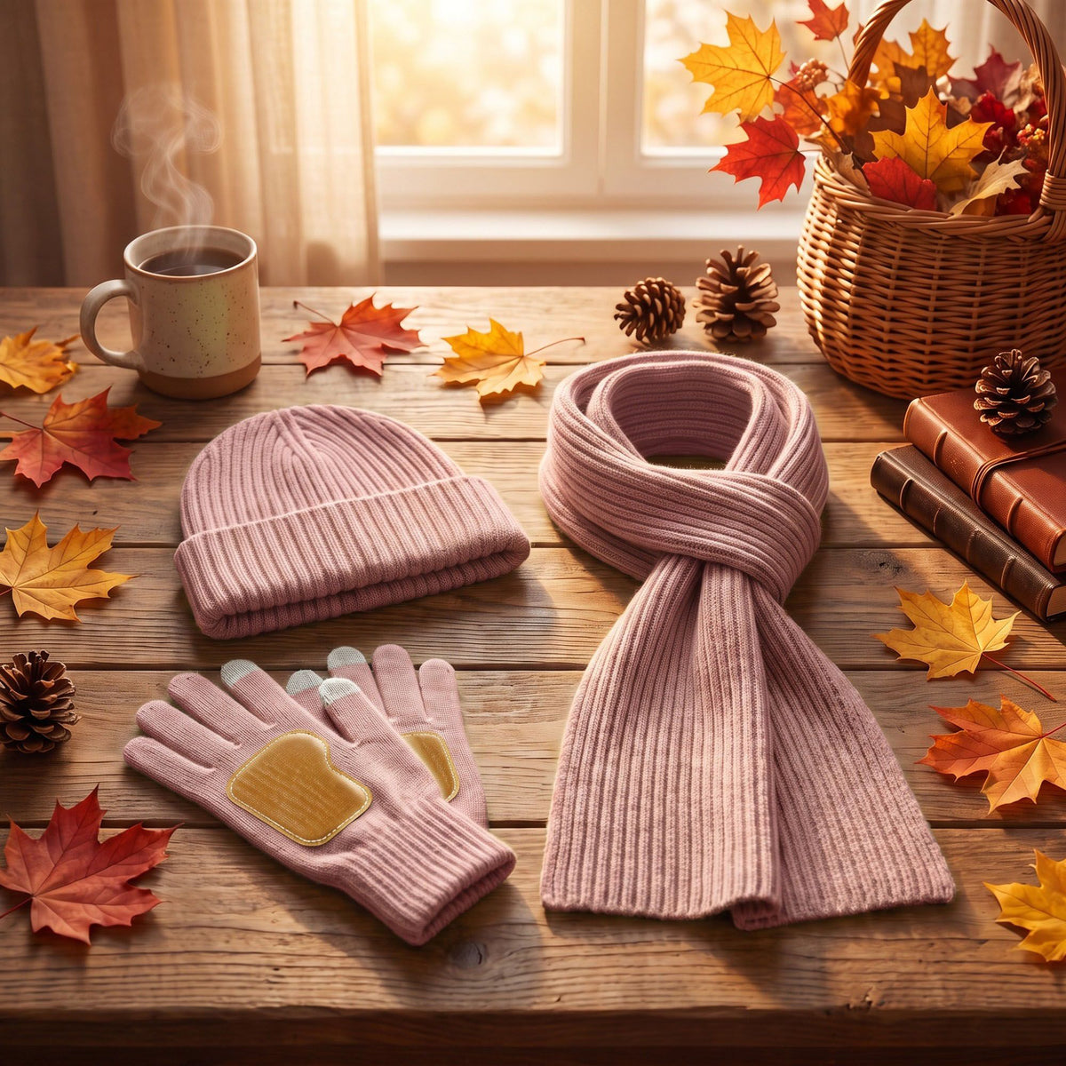 3 Piece Ribbed Knit Beanie Scarf and Touchscreen Gloves Set