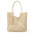Open Weave Beach Tote Bag with Zip Closure Rope Handles and Tassel Accent
