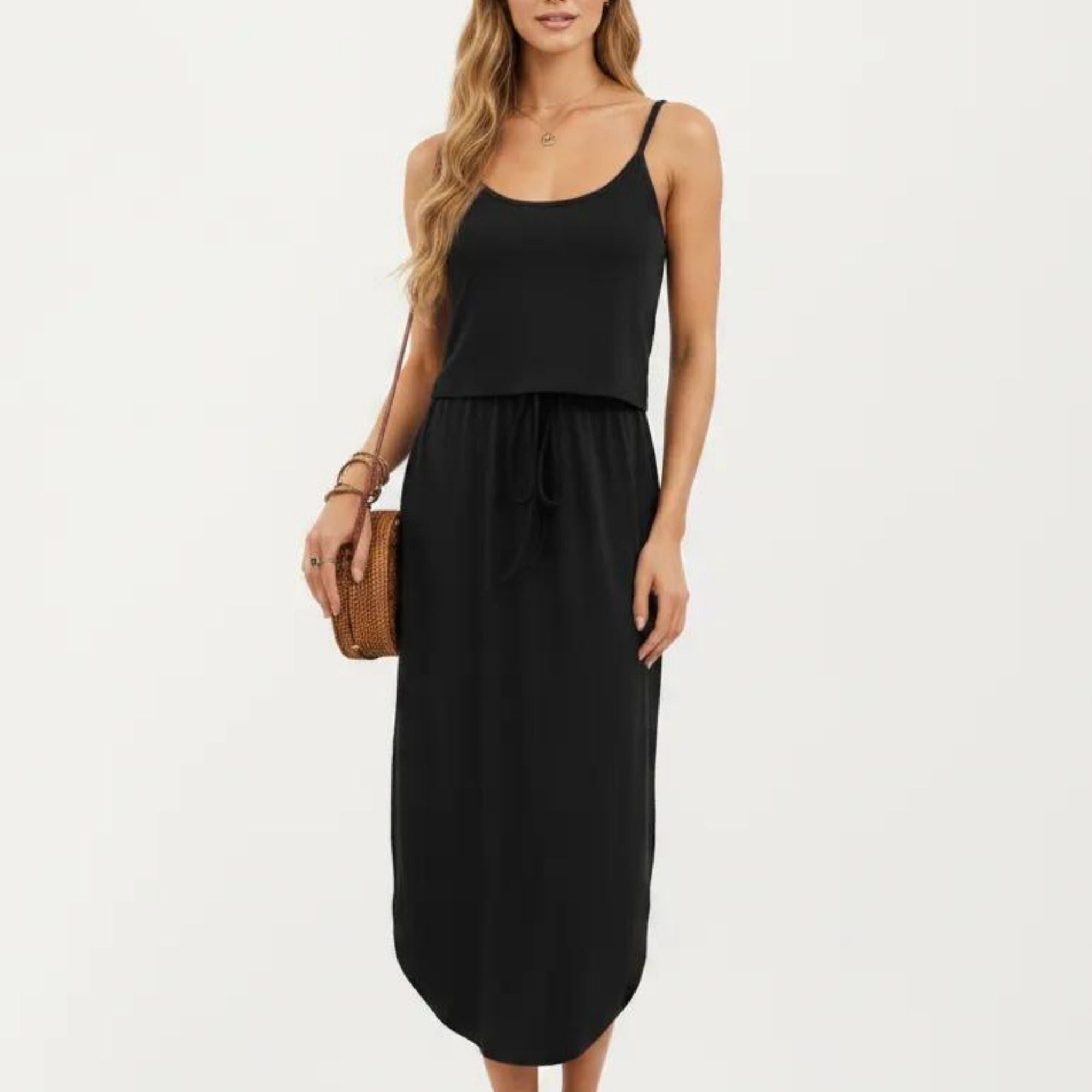 Anna-Kaci Women's Sleeveless Midi Dress with Spaghetti Straps and Adjustable Drawstring Waist Relaxed Fit Silhouette