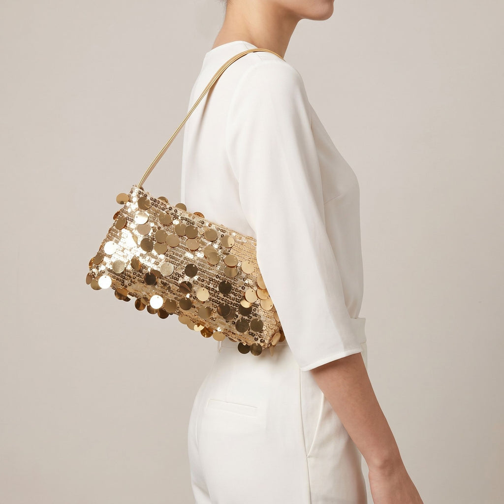 Sequin Baguette Shoulder Bag with Oversized Paillette Details Slim Strap