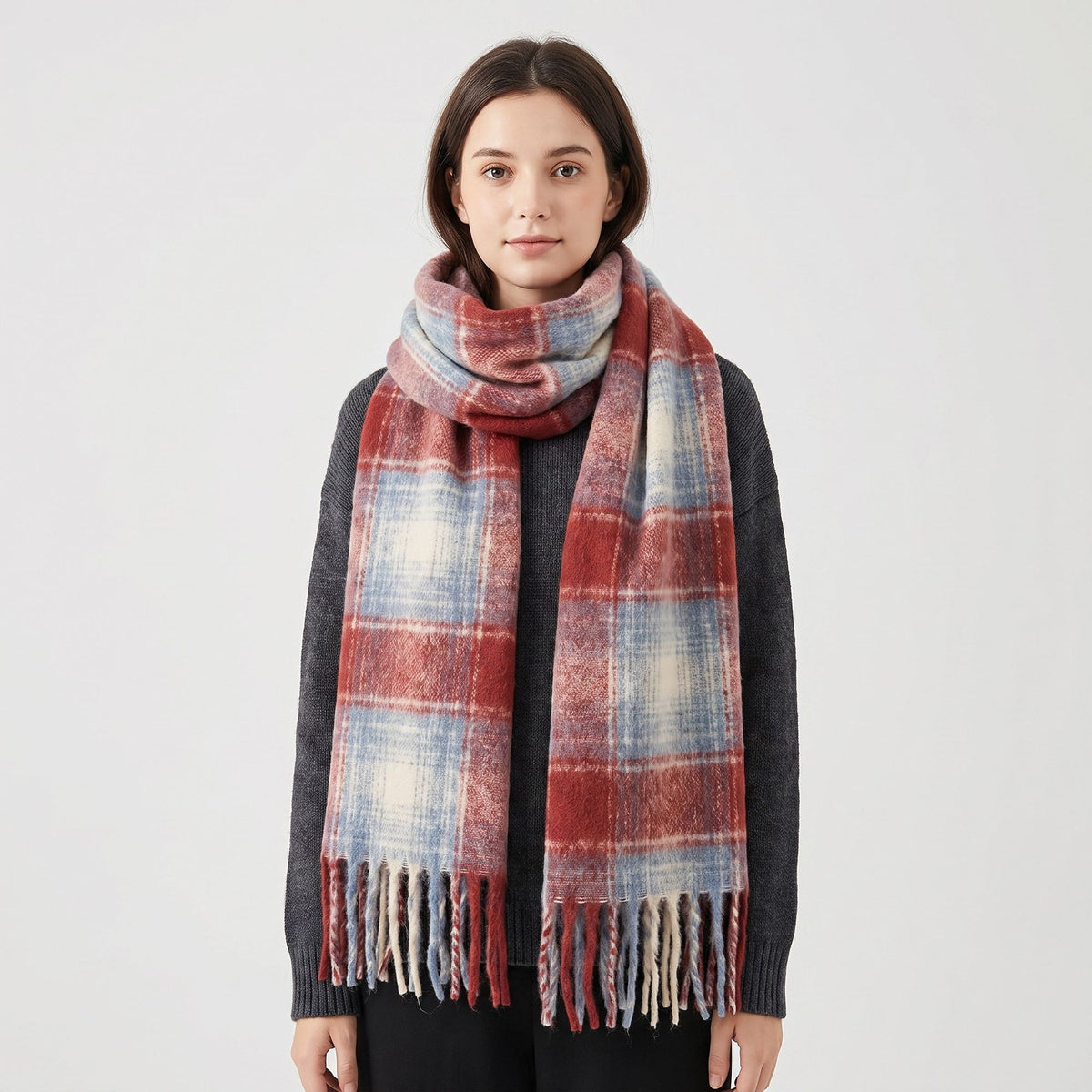 Oversized Plaid Scarf with Fringe Soft Brushed Winter Wrap
