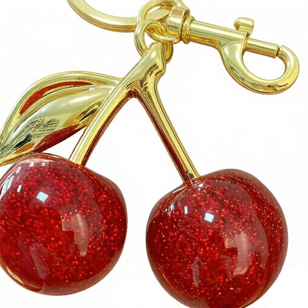 Cherry Charm Keychain with Glitter Fruit Pendant Gold Tone Clip and Key Ring Bag Accessory