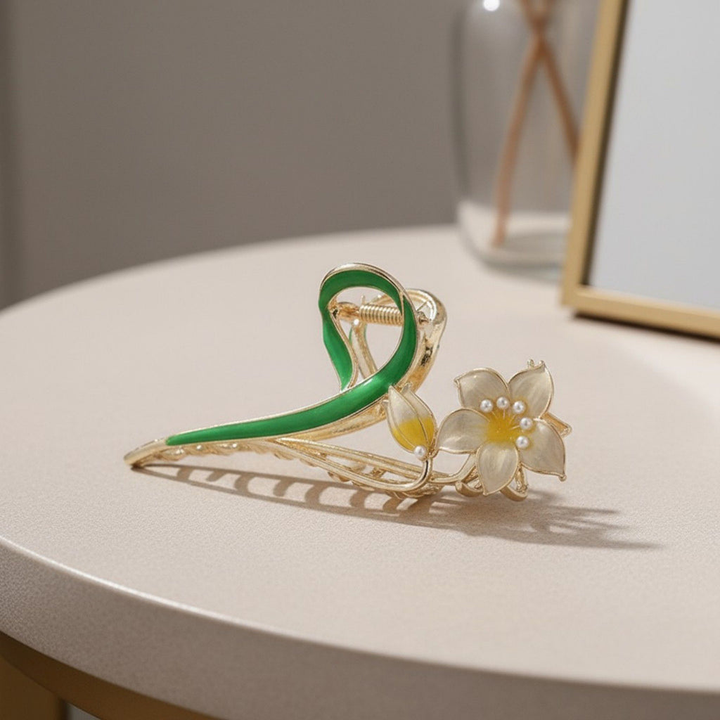 Tulip Flower Metal Hair Claw Clip with Enamel Petal and Leaf Detailing