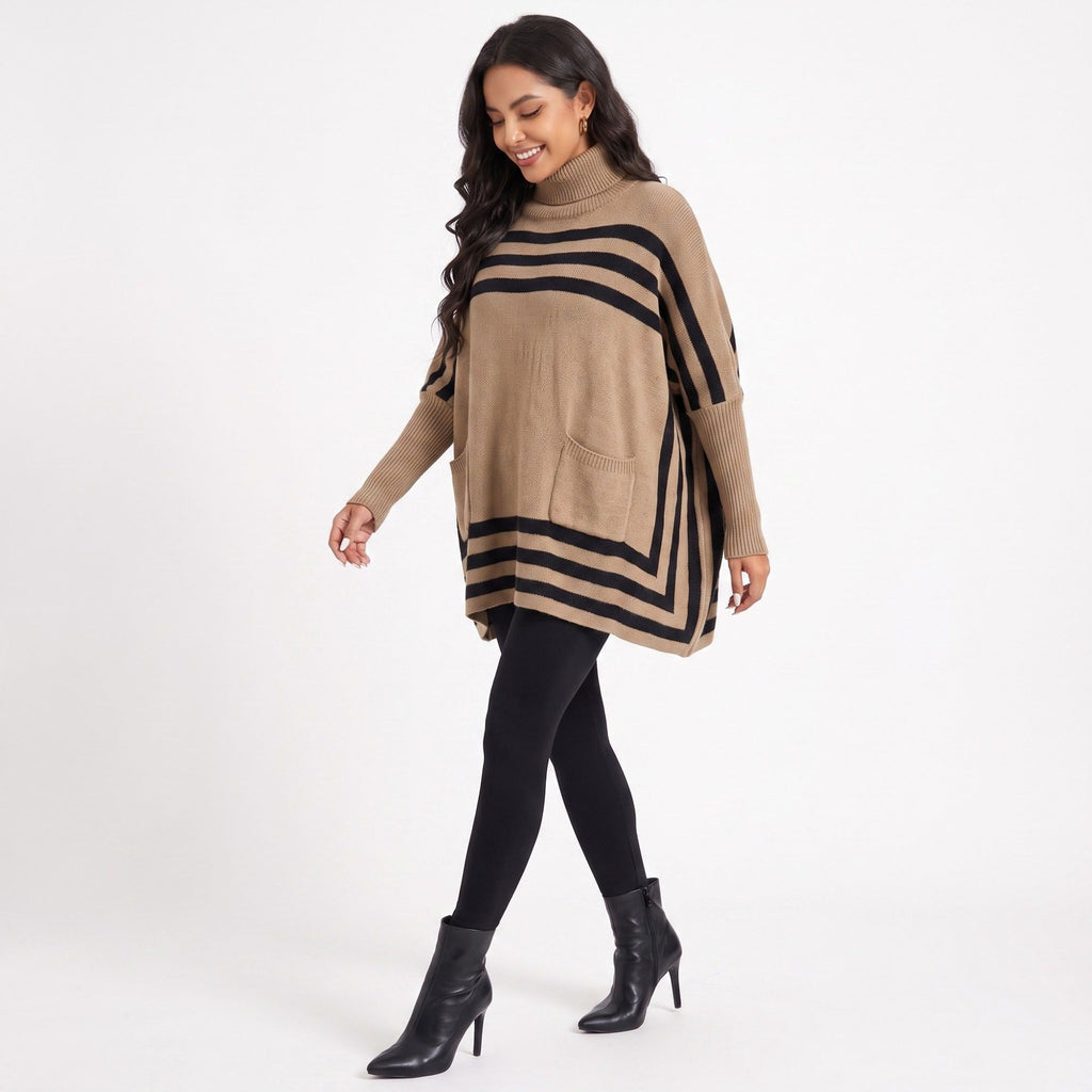 Striped Turtleneck Poncho Sweater with Pockets