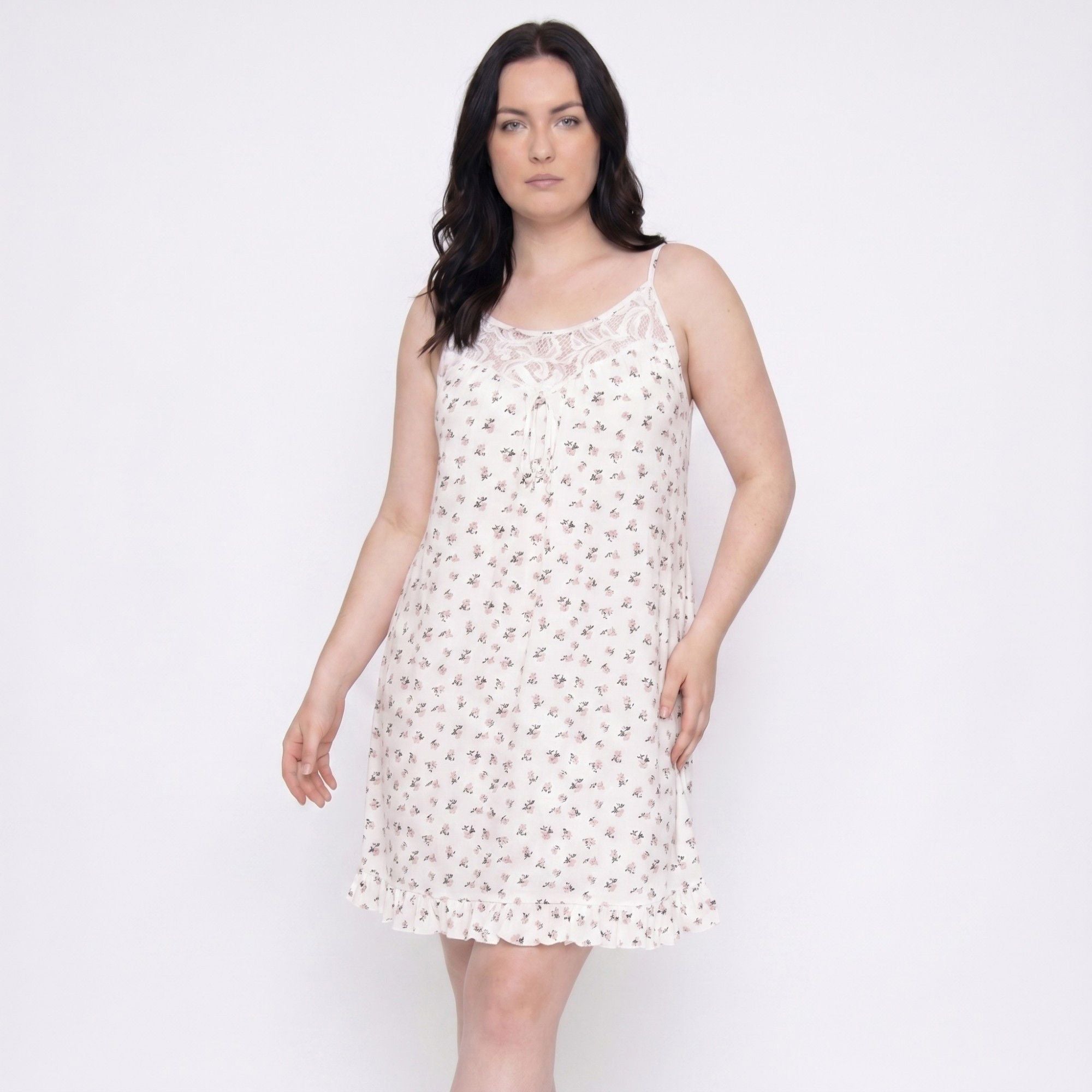 Floral Lace Yoke Mini Nightgown Spaghetti Strap Tie Front Ruffle Hem Sleep Dress