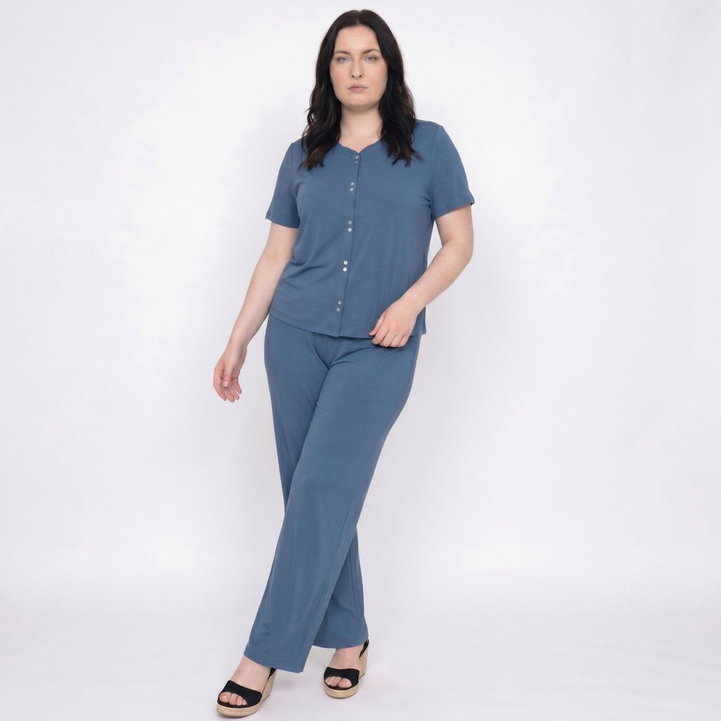 Plus Size 2-Piece Short Sleeve Button Front Pajama Top and Wide Leg Pants Sleepwear Lounge Set