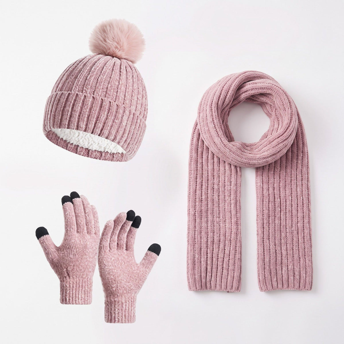 3 Piece Pom Beanie Scarf and Touchscreen Gloves Winter Set