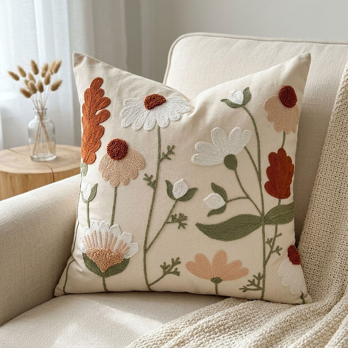 Embroidered Wildflower Square Decorative Throw Pillow Cover