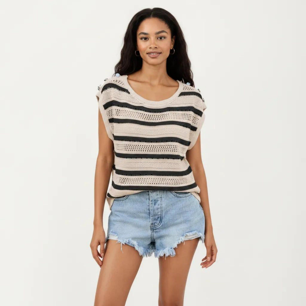 Anna-Kaci Women's Short Sleeve Striped Open Knit Top with Button Shoulder Detail and Relaxed Fit
