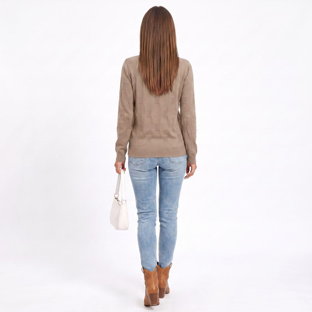 Textured Geometric Crew Neck Long Sleeve Knit Sweater