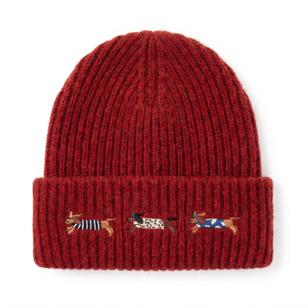 Embroidered Dachshund Knit Beanie Ribbed Cuff Winter Hat