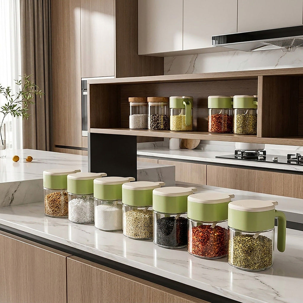 Glass Seasoning Jar with Spoon, Lid and Easy-Grip Handle