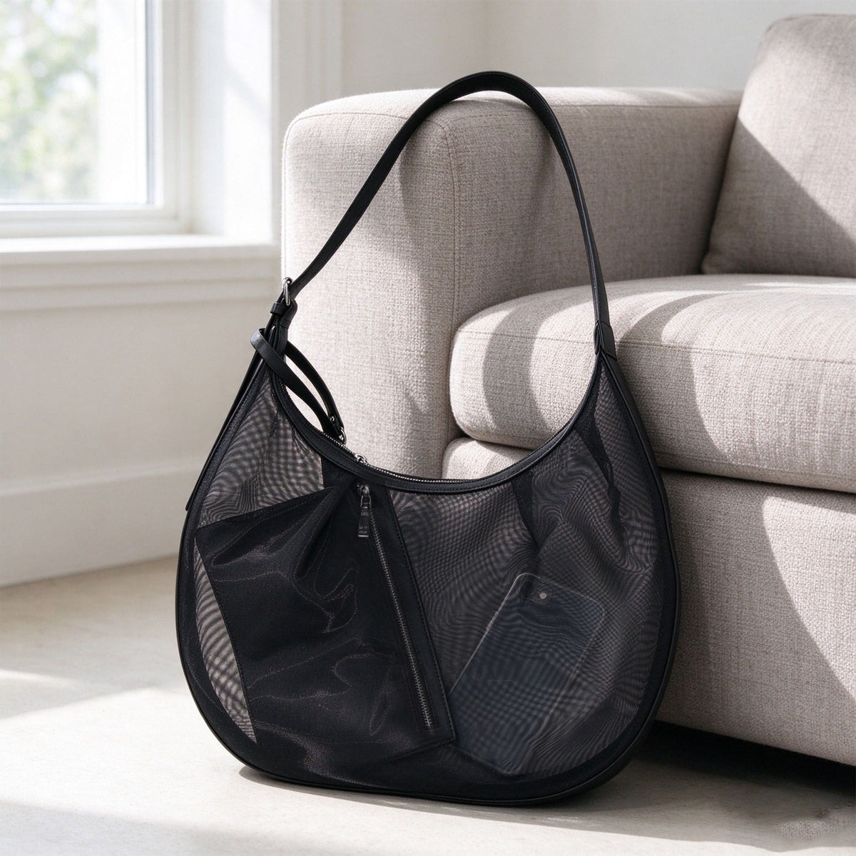 Mesh Hobo Shoulder Bag with Removable Zip Pouch and Adjustable Strap