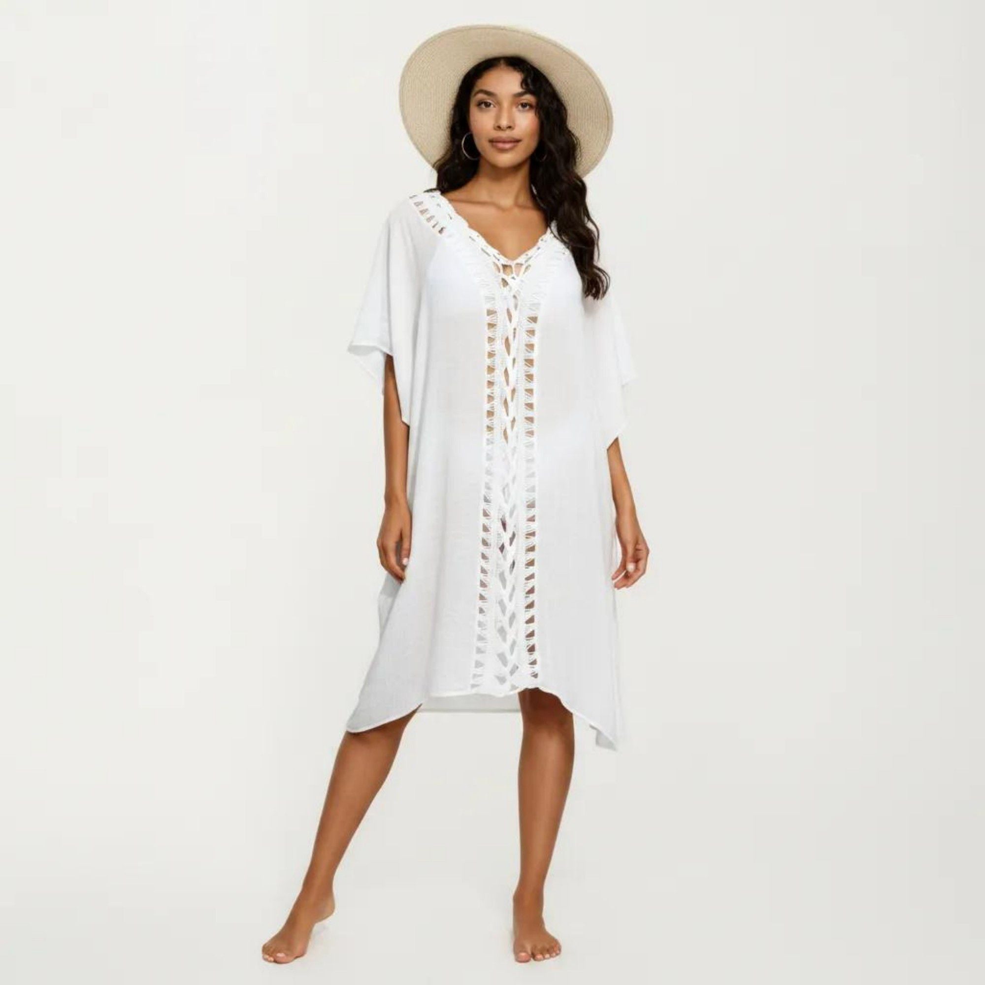 Anna-Kaci Women's Crochet Trim Swim Cover Up Dress Loose Short Sleeve Lightweight Beach Kaftan