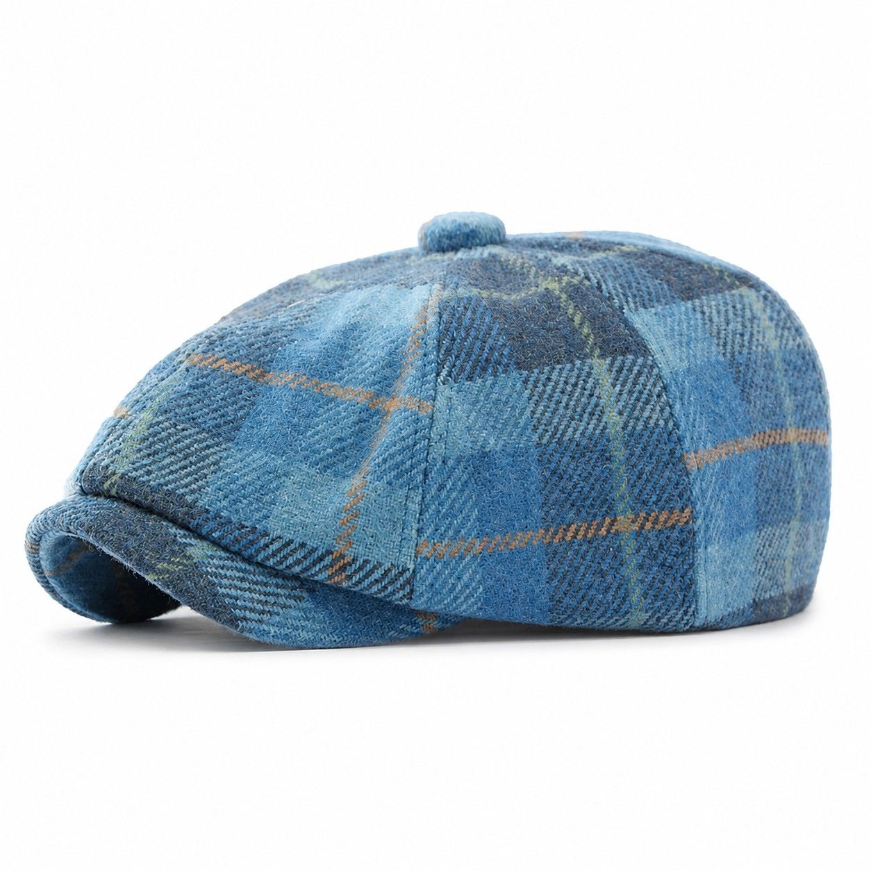 Plaid Wool Blend Newsboy Cap Vintage Baker Boy Hat Short Brim Eight Panel Cap