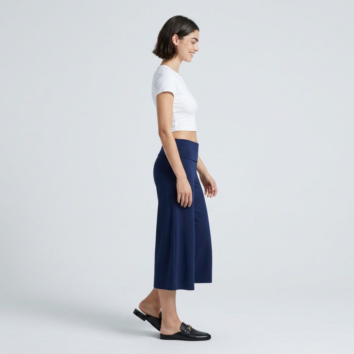 Foldover Waistband Cropped Wide-Leg Trousers