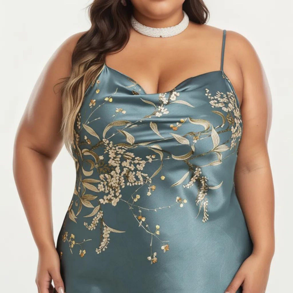 Anna-Kaci Lounge Women's Plus Size Satin Floral Slip Nightgown with Adjustable Spaghetti Straps Cowl Neck Midi Length Sleepwear Dress