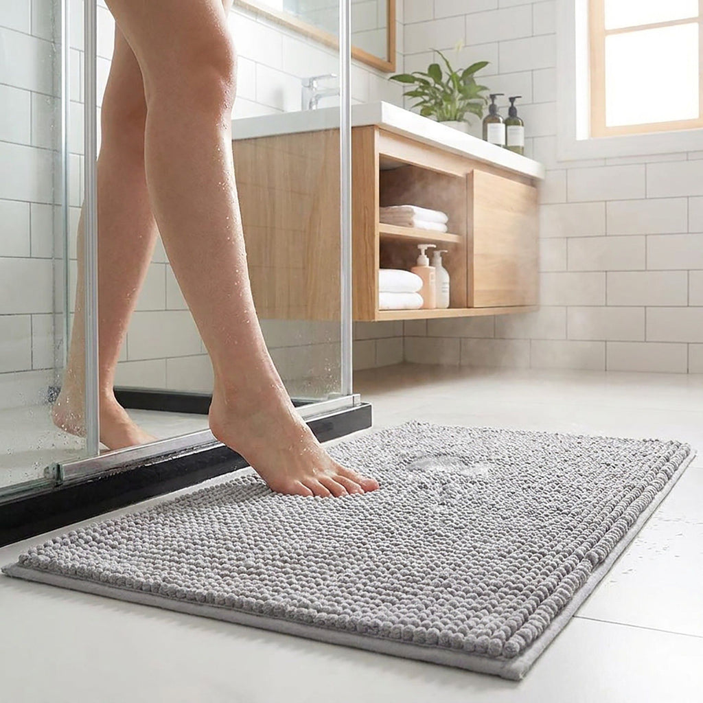 Chenille Bath Mat with Plush Pebble Texture and Non Slip Backing