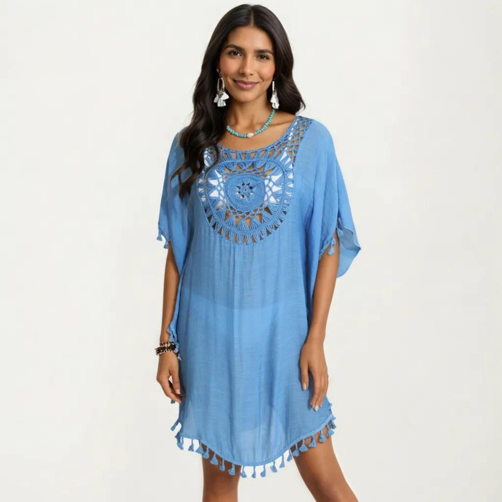 Anna-Kaci Women's Crochet Medallion Swim Cover Up Dress with Tassel Trim and Relaxed Boho Silhouette