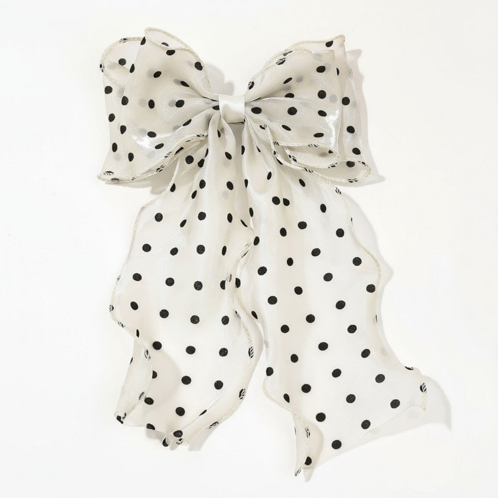 Anna-Kaci 2pcs Polka Dot Chiffon Bow Hair Clip with Flowing Ribbon Tails and Lightweight Sheer Fabric