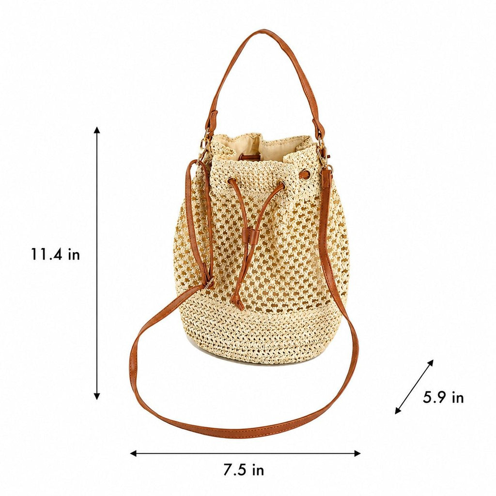 Woven Paper Fiber Bucket Bag Adjustable Strap Crochet Shoulder Handbag with Drawstring Closure
