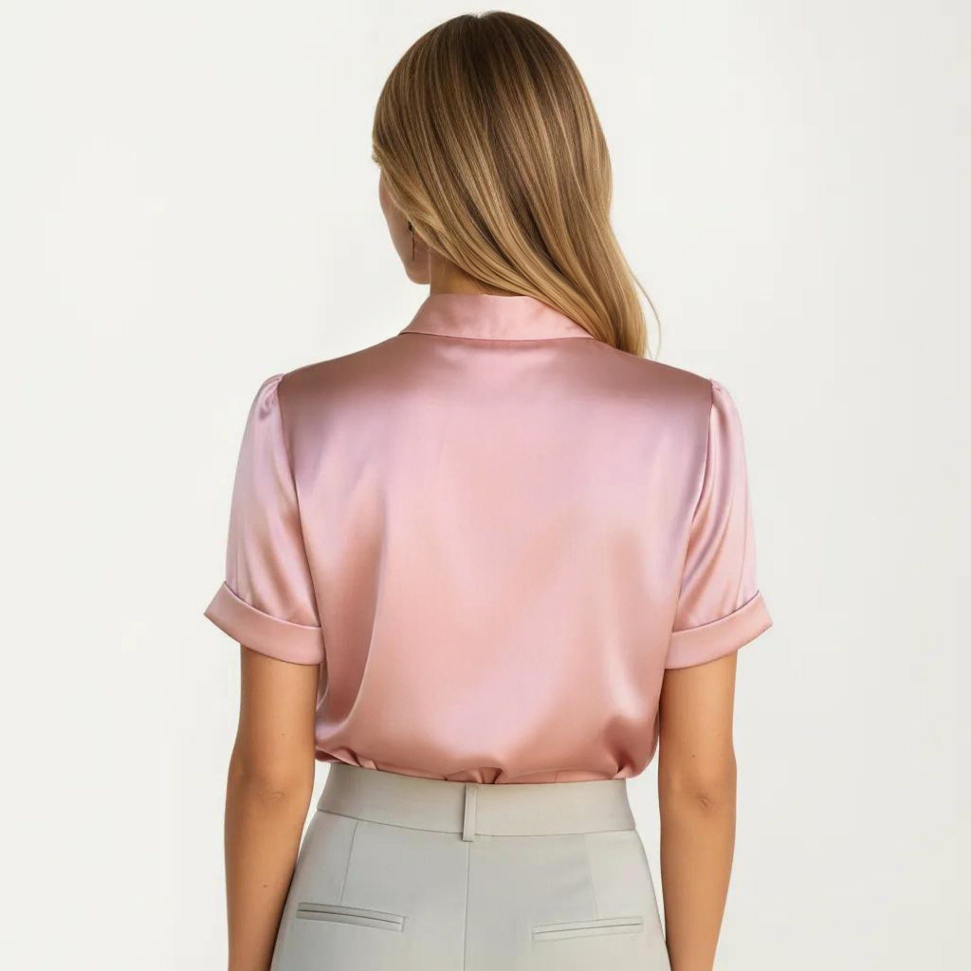Anna-Kaci Women's Satin Bow Neck Blouse with Short Sleeves and Smooth Draped Finish