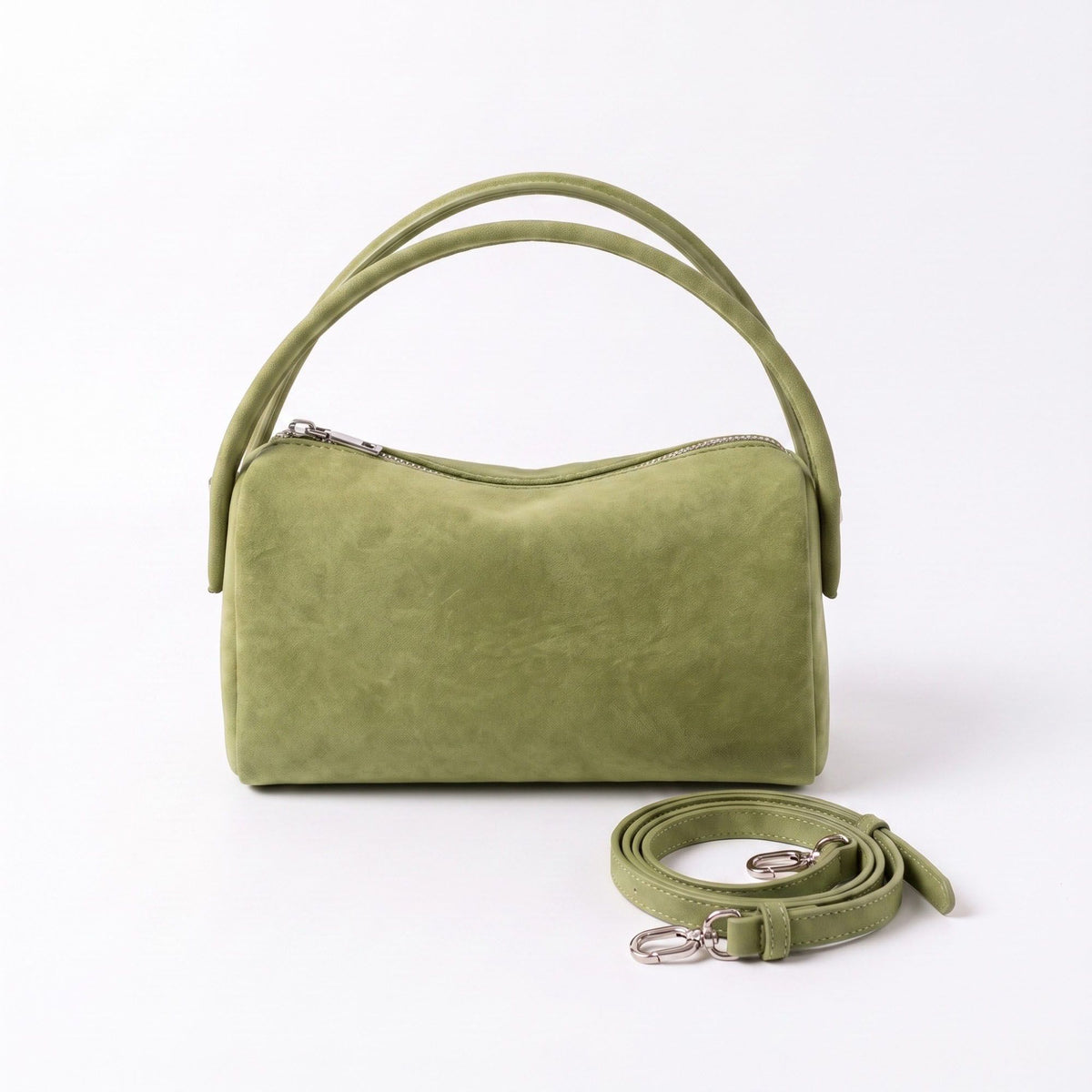 Faux Suede Handbag with Detachable Crossbody Strap and Zipper Closure