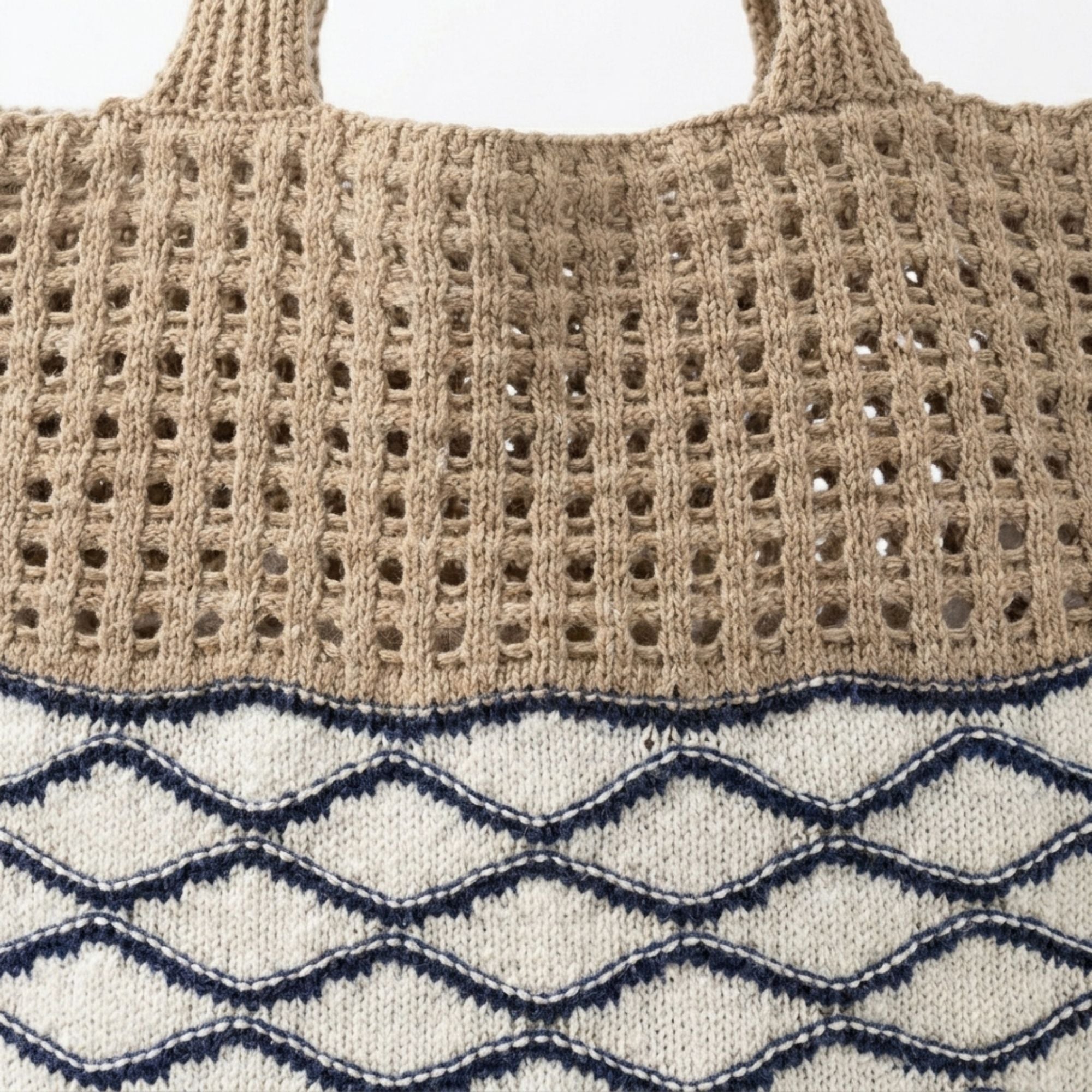 Crochet Knit Tote Bag with Openwork Design and Wave Pattern