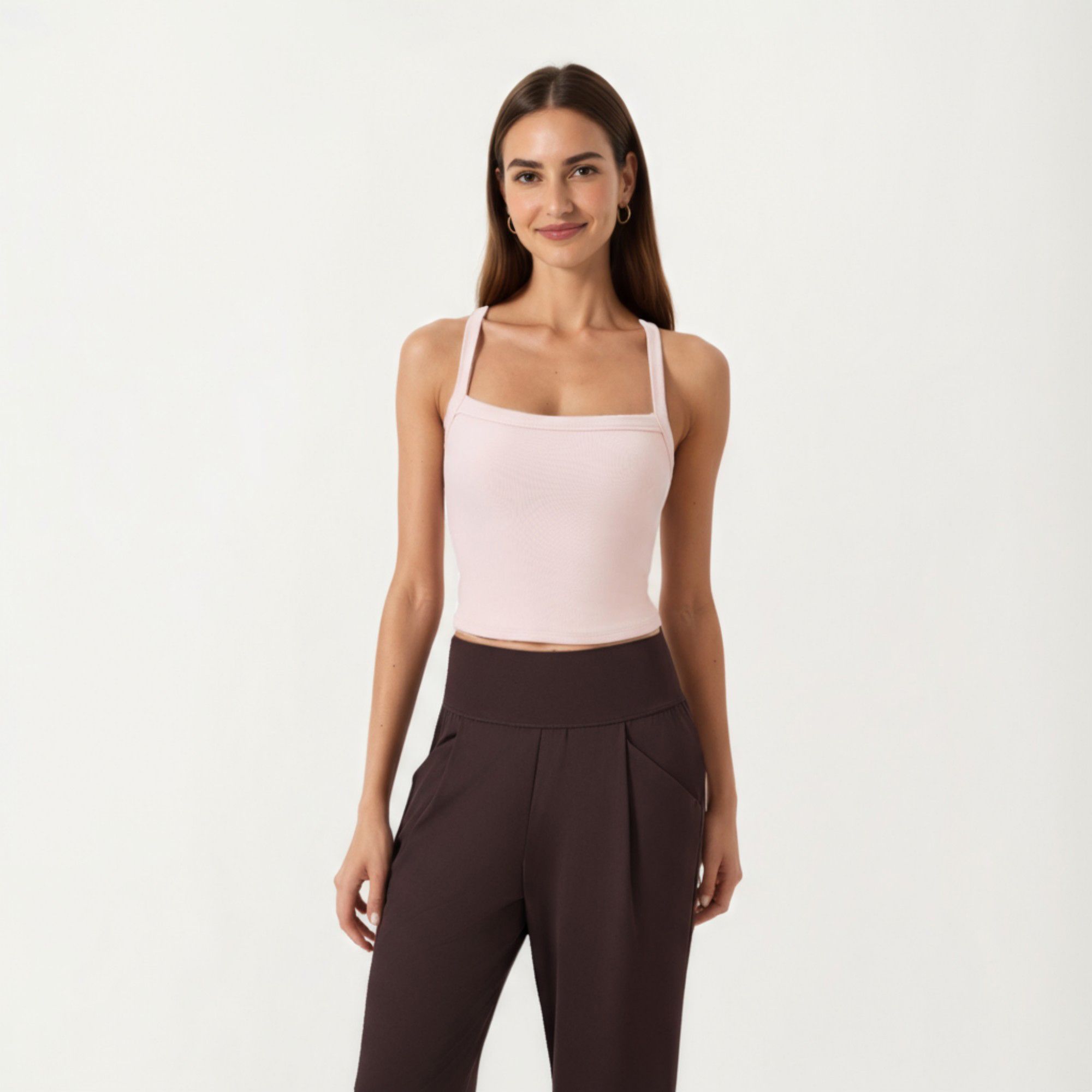 Anna-Kaci Active Women's Square Neck Ribbed Knit Cropped Tank Top with Wide Shoulder Straps