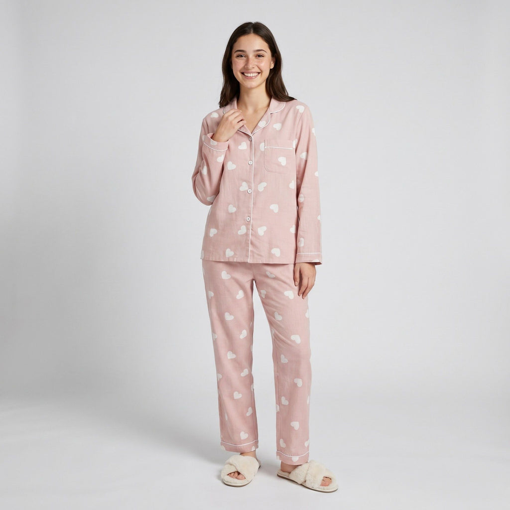 Anna-Kaci Lounge Women's 2-Piece Set Heart Print Button Front Pajama Top and Straight Leg Lounge Pants