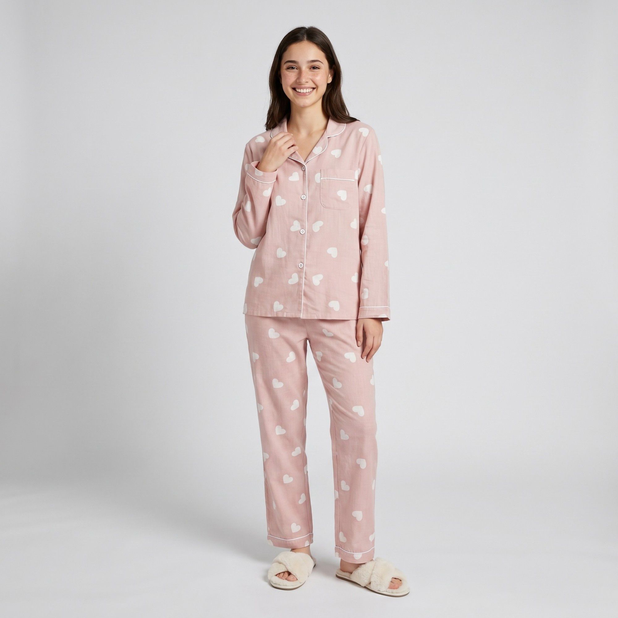 Anna-Kaci Lounge Women's 2-Piece Set Heart Print Button Front Pajama Top and Straight Leg Lounge Pants